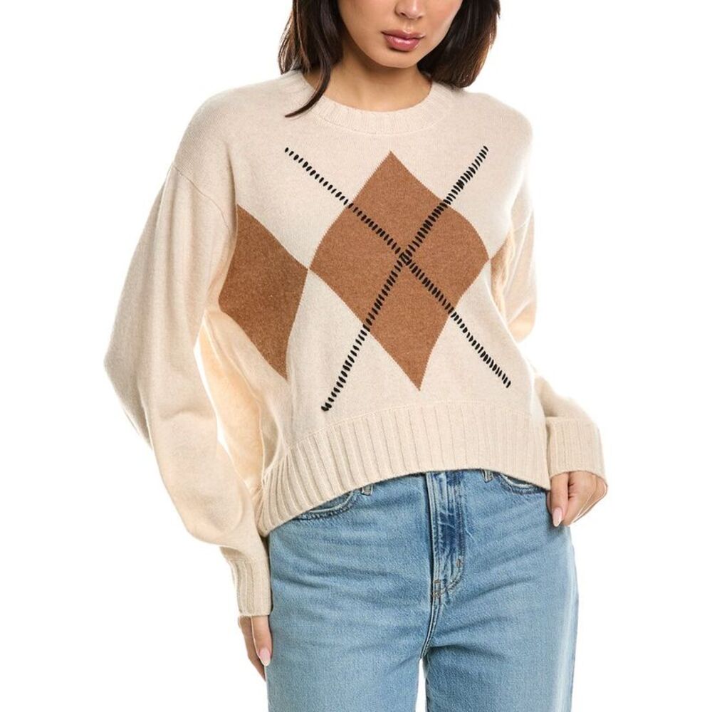 Brodie Cashmere Womens  Relaxed Argyle 100% Cashmere Sweater, White